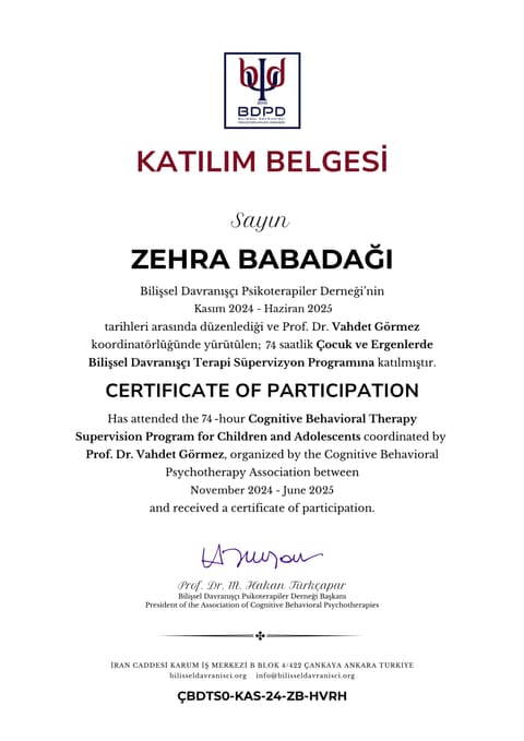 Çocuk ve Ergenlerde BDT Süpervizyon Programı (74 saat)